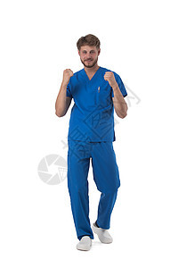 持有拳拳头的保健工作者微笑药品工人工作医疗专家职业男人医生优胜者图片