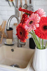 在木制厨房柜台的白色花瓶里 有红色和粉红色的木头风格房子雏菊器具住宅房间桌子建筑学装饰图片