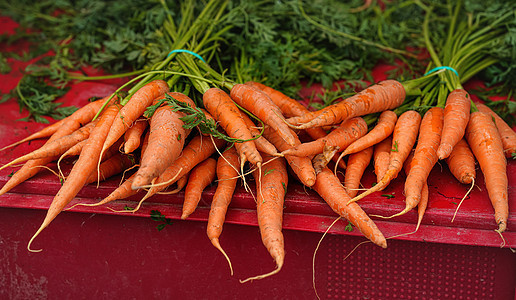 在街头食品市场上展示新鲜成熟的胡萝卜图片