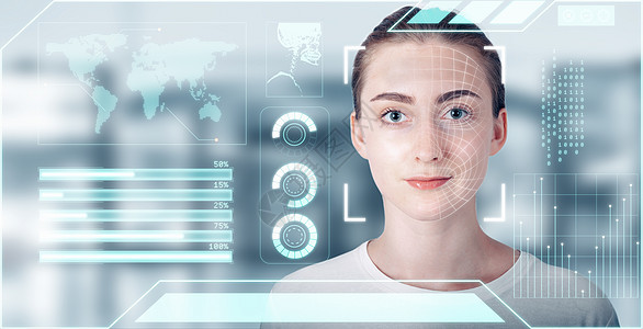 未来派人工智能生物特征面部识别个人 AI 使用智能虚拟接口数据库技术识别面部扫描 未来身份识别面部访问安全扫描图片