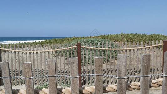 在海滩的夏天波浪 加利福尼亚海岸线美国 太平洋海岸 海岸上的尖桩篱栅小路细绳绿色植物海景入口海洋支撑人行道沿岸晴天图片