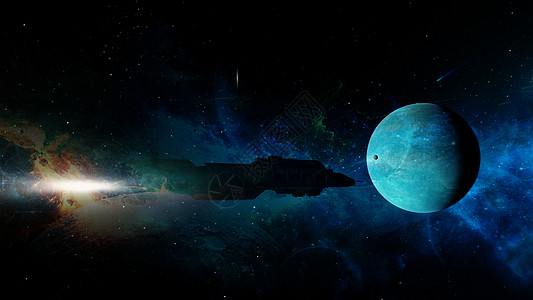 3d环绕素材接近新的蓝色行星的太空船背景
