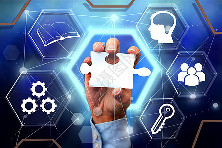 手握Jigsaw 拼图片解锁新未来技术 棕榈带谜语部分显示最新创新虚拟想法的解决方案 掌声团队机器人蓝色商业想像力商务计算机教育图片