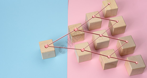 粉色蓝色背景中的木块 管理的分层组织结构图片
