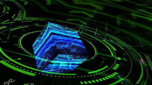 具有数字立方体反射的量子未来派技术计算机绿色环图片
