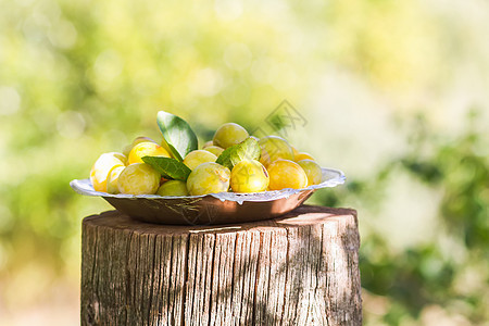 新鲜黄色黄李子 在夏季花园的树桩上将水果切成一块盘子图片