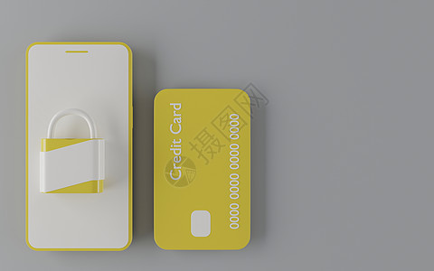 带有黄色和白色移动电话的黄黄黄信用卡信用交易消费者电子商务渲染购物服务电子金融安全图片