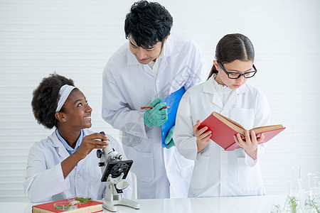 亚洲教师帮助和指导非洲裔美国年轻科学家女童在实验室或课堂上使用显微镜进行分析 而其他学生也阅读教科书图片