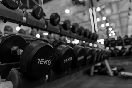 在健身健身房的架子上 有许多哑铃 背景健身设备 锻炼机概念图片