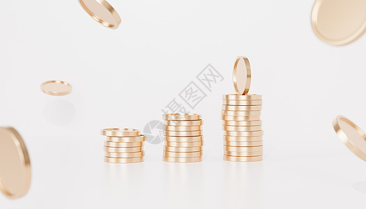 金币堆积在白色背景商业投资和储蓄概念逼真的 3d rende 上的增长图订金薪水经济会计安全金融硬币选择性生长利润图片