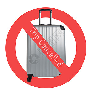 在白色背景的银色手提箱与国际没有标志和取消的旅行 大流行病期间的旅游限制概念图片