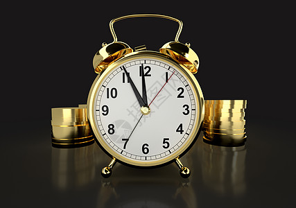 时间是金钱的概念 闹钟和金币在黑色背景下 3D 翻滚图片