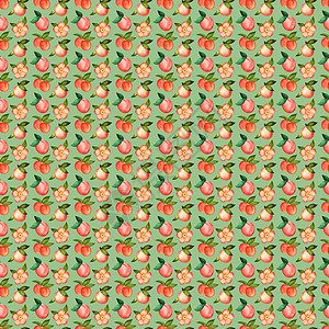 绿色背景下桃花的插图数字水彩无缝图案纺织品包装食物打印织物甜点植物墙纸叶子装饰品图片