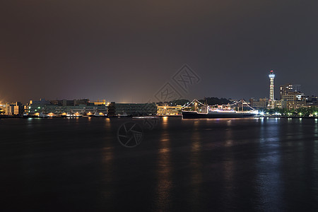 横滨市码头湾的景象地标日落娱乐风景海岸建筑车轮场景商业摩天轮图片