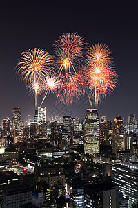 在东京市风景上庆祝的烟花 晚上 日本图片