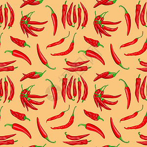 橙色背景上红辣椒荚无缝图案的数字插图绘画香料香肠辣椒卡通片食物蔬菜绿色厨房红色图片