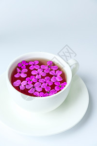 现代静物与粉红色的花朵在白色背景的茶杯中 复制空间 假日或婚礼背景 简约风格 女性早餐 时尚博主 凉茶食物杯子芳香植物香气花束饮图片