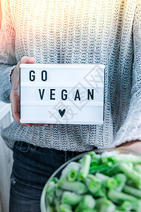 女人们手中有带短信的灯盒GO VEGAN 维信主义 素食健康生活方式 冷冻食品在碗里女性食物健康饮食饮食女士动机义者灯箱排毒沙拉图片