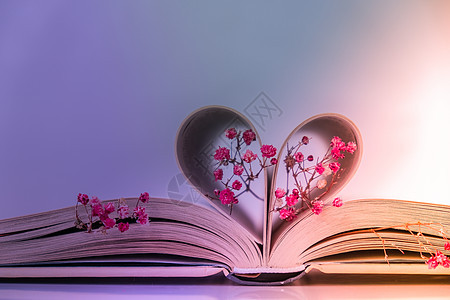 书页折叠成心形和粉红色的花朵 柔焦 故意轻微模糊 精致的粉红色满天星花 慢生活理念 与自然合一 爱呼吸教育文学庆典阅读诗歌页数木图片