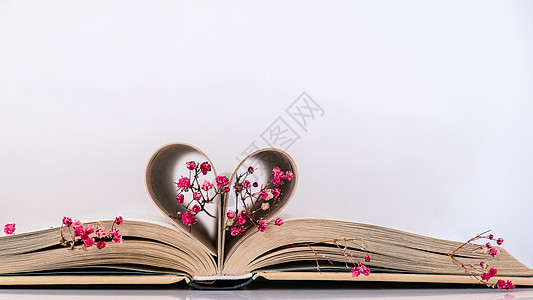 书页折叠成心形和粉红色的花朵 柔焦 故意轻微模糊 精致的粉红色满天星花 慢生活理念 与自然合一 爱庆典页数诗歌阅读装饰情绪教育文图片