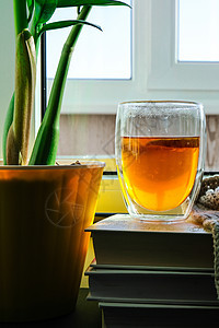 窗台上有一杯加柠檬的热茶 在一堆书上 蒸汽从杯子里涌出来 绿色植物的黄花盆植物阳光图书湿气太阳液体饮料叶子教育香气图片