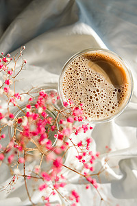 早上咖啡美感 早餐 粉色吉普西拉花朵 可口可乐美学桌子杯子饮料茶点排毒咖啡店乡村花束玻璃图片