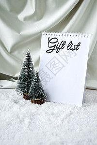 笔记本礼品清单文本香槟色丝绸背景和白雪上的两棵圣诞树 时尚的装饰 圣诞假期庆祝活动 新年概念 问候卡卡片创造力传统季节雪花问候语背景图片