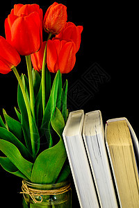 紧紧的红色郁金香花花朵盛开 绿色叶子和黑底书本被隔绝的绿树叶记事本议程商业日历桌子办公室学校假期阅读静物图片