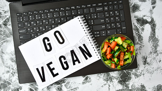 办公室健康商业午餐点心 蔬菜沙拉 GO VEGAN用笔记本和复制空间图片