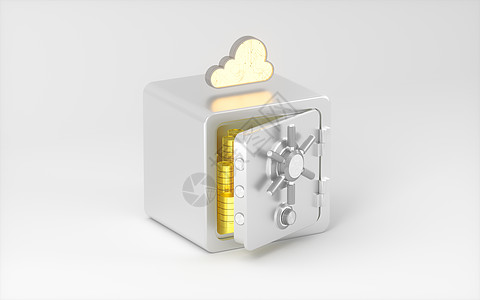 安全箱和有白色背景的金币 3D铸造盒子数据库保险柜密码网络储蓄金属金子商业代码图片