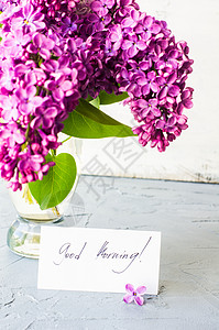带花朵的春天概念胃口紫丁香花瓶装饰瓶子白色水泥笔记绳索丝带图片