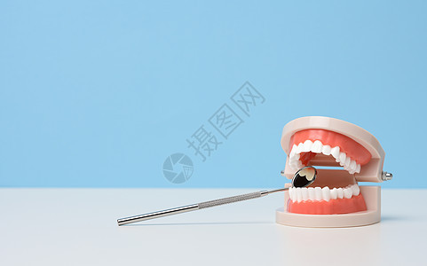 白色牙牙甚至白牙的人类下巴塑料模型和白桌上的体格检查镜金属牙科矫正乐器医生健康治疗诊所药品卫生图片