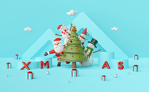 圣诞快乐 新年快乐圣诞老人和雪人在圣诞树上 讲台上有蓝色背景 3d 渲染图片