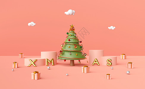 圣诞节饰品海报圣诞快乐 新年快乐圣诞树在讲台上 圣诞气球和粉红色背景上的圣诞饰品3d 渲染季节工作室盒子假期派对庆典金子卡片圆柱装饰品背景
