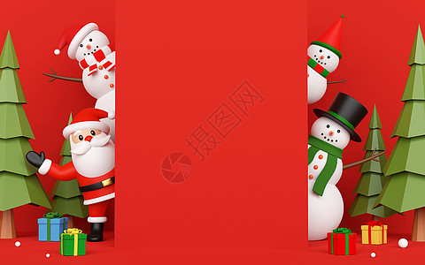 圣诞快乐 新年快乐圣诞老人和雪人在卡片邀请中 中间有复制空间3d 渲染图片