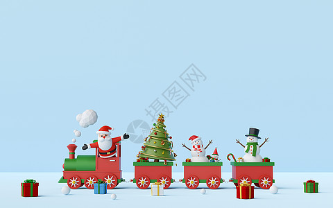 3D圣诞老人圣诞快乐 新年快乐圣诞老人和雪人在圣诞火车上带着蓝色背景的礼物和复制空间 3d 渲染背景