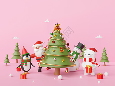 圣诞快乐 新年快乐派对圣诞节与圣诞老人和朋友在粉红色背景 3d 渲染图片