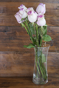 浅色木板上的玻璃花瓶中的粉红玫瑰花束 花卉背景 节日框架 带复制空间的礼品卡 布局图片