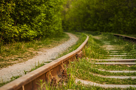 废弃铁路 有生锈的铁轨和森林中腐烂的木制睡衣人  运输危机概念轨枕棕色森林旅行交通领带火车工业混凝土小路图片