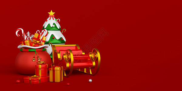 圣诞包和雪橇的圣诞旗帜在红色 background3d 它制作图案图片