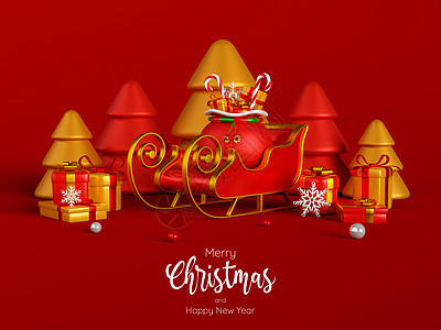 红色背景上带有圣诞树的雪橇和圣诞礼物3d 它制作图案图片