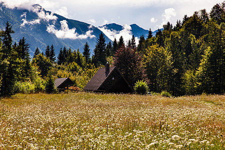 斯洛文尼亚的斯洛文尼亚小屋视图太阳高山假期国家建筑农场天空木头生态房子图片