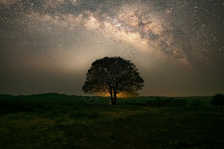 夜空看到银河在泰国Chaiyaphum的的大树上图片