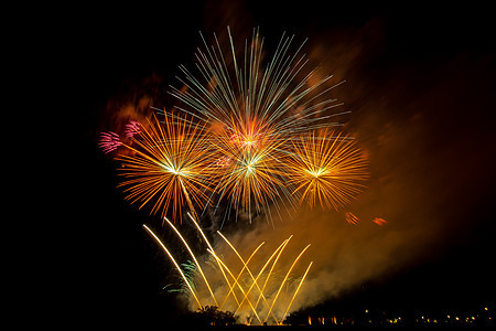 黄昏时在稻田上放着巨大的 多彩的烟火黑色庆典红色节日念日天空烟花派对焰火假期图片