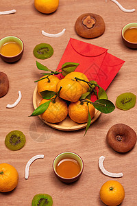 中华新年装饰传统与亚洲文化水果月球金子运气数据包橙子木头假期桌子红包图片