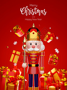 红色背景上带圣诞礼物的胡桃夹子的 3d 插图图片