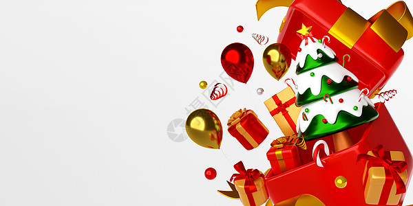 圣诞树和装饰品的圣诞横幅从礼品盒中弹出 3d 它制作图案图片