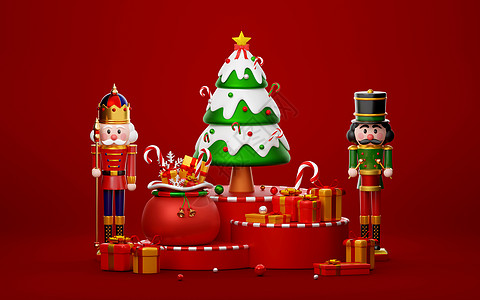 胡桃夹子站在圣诞树旁 在讲台上展示礼物 3d 它制作图案图片