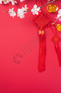中国农历新年的设计理念美丽的中国结与梅花隔离在红色背景 平躺 顶视图 头顶布局假期平铺庆典月球艺术节日李子信封金子高架图片