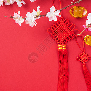 中国农历新年的设计理念美丽的中国结与梅花隔离在红色背景 平躺 顶视图 头顶布局艺术桌子工艺月球李子庆典边界高架传统平铺图片